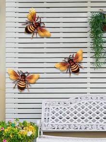 2pcs Acrylic Bee Wall Art Set - Realistic Outdoor Decor For Patio, Garden, Fence And Balcony, Hanging Design, Natural Style Decoration, Bee Decor, 4 Seasons Use, Adhesive Backing
