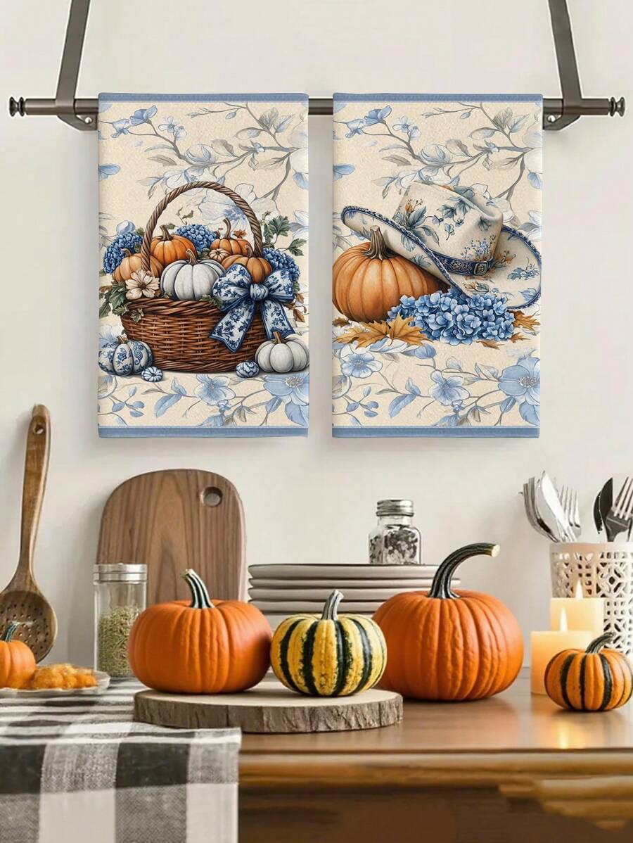 2 Stücke/4 Stücke/12 Stücke Küchentücher aus Denim mit Kürbis-Motiv, Thanksgiving Küchendekoration, saugfähig und schnelltrocknend aus Mikrofaser, rechteckig 40*60 cm digital Muster, geeignet für Herbstküchendekoration, Outdoor-Partys, Thanksgiving-Geschenke, Geburtstagsgeschenke