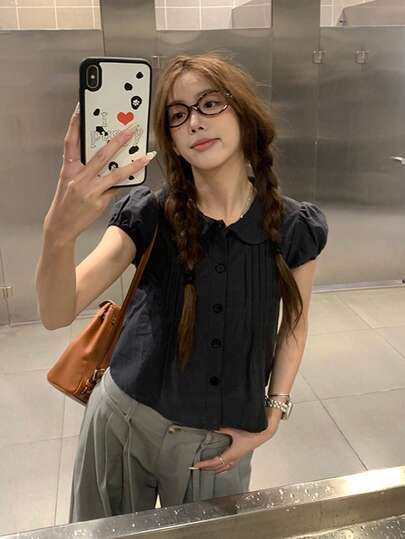 เสื้อเชิ้ตแขนสั้นคอปกสไตล์วินเทจฝรั่งเศสเนื้อนุ่มแบบพอดีตัว