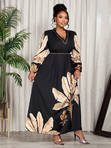 BIUBIU 大码女士优雅度假连衣裙，随机花卉图案，春季款 - 黑杏色 - 查看 4