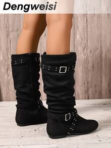 Black Multi-Strap Rivet Punk Pleated Soft Flat Round Toe Versatile Commute Daily Office Casual Holiday Music Festival Fashion Mid-Calf Boots For Women - Black - View 6