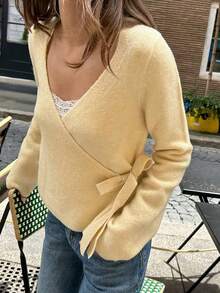 Women's Fall Knit Cardigan Sweaters Casual Loose Solid Color Long Sleeve V Neck Wrap Tie Front Lightweight Chunky Sweaters Tops Daily School Office Vacation - 黃色 - 查看 1