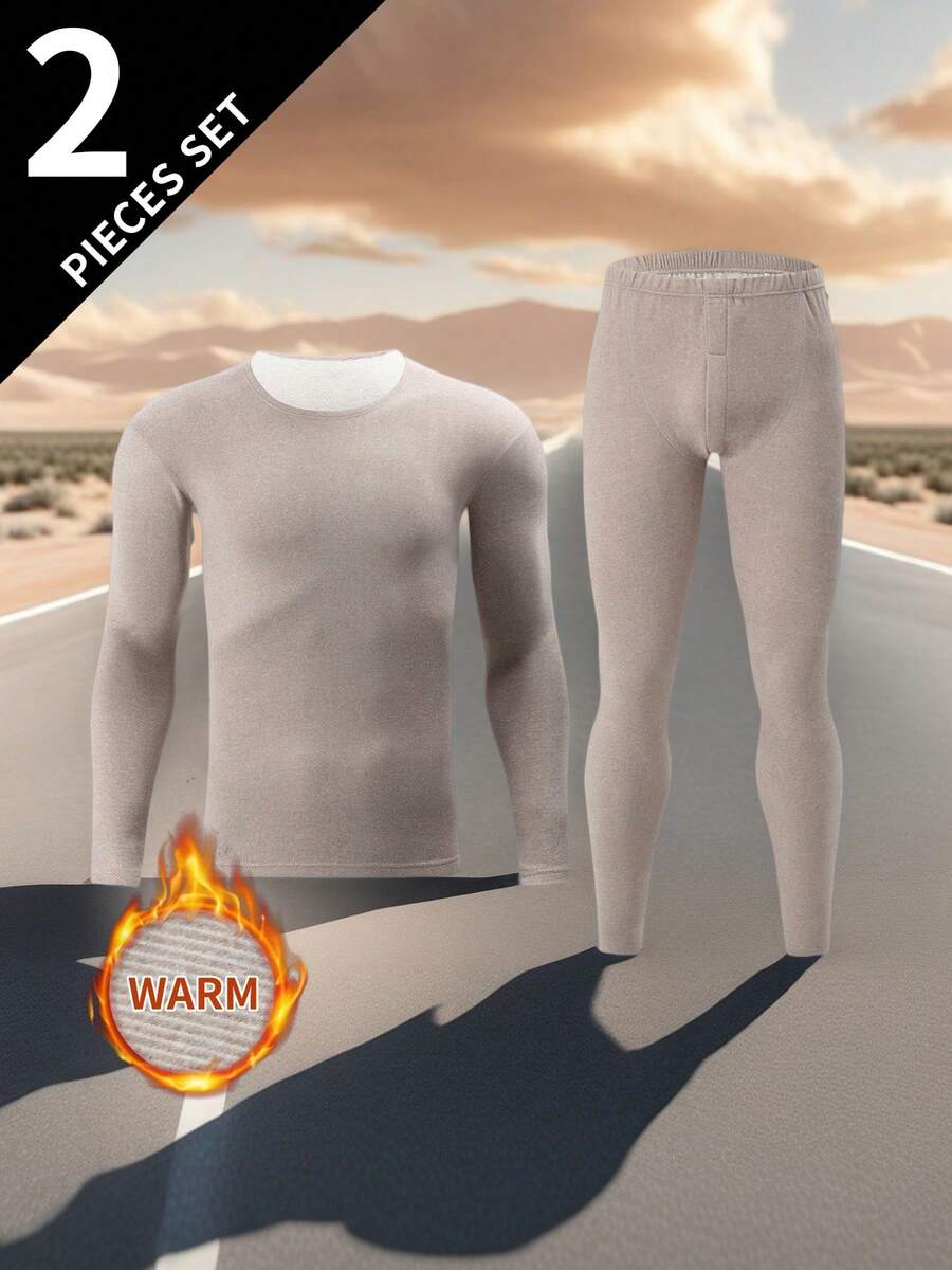2pcs Men's Fashion Autumn Thermal Underwear Set, Warm Cotton Knit Base Layer For Autumn/Winter