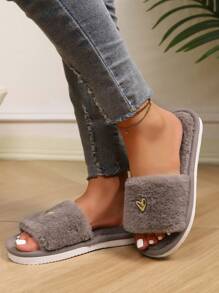 High-End Fashion Heart Decor Plush Slippers For Women, Soft & Comfortable Soft-Sole Lightweight, Suitable For Living Room & Bedroom, All Seasons