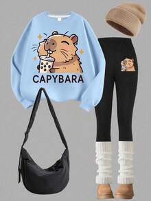 2 - Piece Set Girl Cute Casual Cartoon Capybara Print Sweatshirt & Leggings Set, Soft Skin - Friendly Spring Autumn Daily School Wear - Blue - View 2