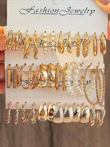 48/36/12 件波西米亚风格女式金属耳环套装，人造珍珠耳环，几何 C 形耳钉，适合日常生活、派对佩戴、节日礼物首饰套装 - 金色 - 查看 3