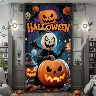 2D 门帘横幅，万圣节派对门框装饰，蝙蝠、南瓜灯笼，女巫图案设计，采用精致涤纶制成，适合室内外，万圣节派对礼物和装饰道具