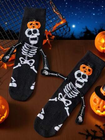2 双情侣南瓜袜，万圣节创意手挽袜，可爱搞笑刺绣骷髅袜，秋季