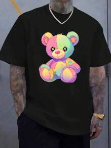 1pcs 100% Cotton T-Shirt  A Colorful Teddy Bear With Rainbow Hues And Smirk Men's T-Shirts 220g Festival Outfits Blue Shirt Matching Outfits For Couples Camo Tshirt New Year Women's T-Shirts Summer Graphic T-Shirts