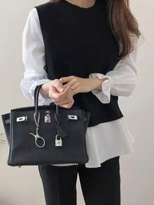 Women's Tops, Korean/Japanese Style, Plus Size, Fall/Winter Hot Item, Two-Piece Set With Knit Vest And Long Sleeve Shirt - Layered Outfit For Every Season - 黑色 - 查看 2