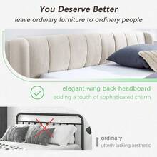 YOGLAD Modern Beige Queen Size Platform Bed Frame Upholstered With Soft Chenille Fabric, Premium Thickly Padded Headboard & Solid MDF Frame (Durable No-Wobble Design) -  Luxury Bed With Easy Assembly Kit, Hotel Style Bedroom Furniture For Master, Bedroom, Trending Contemporary Bed Frame With Storage Option & Noise-Free Structure