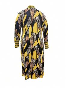 Plus Size Women's Fashion Color Block Digital Printed Open Collar Jacket - 黃色 - 查看 2