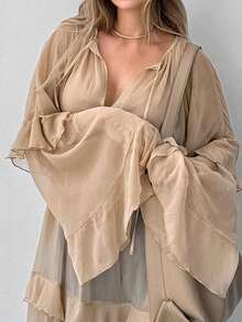 Women's Spring/Summer Long Dress Loose Fit Stylish Ruffled Trim Solid V Neck Long Sleeve Sheer Dress - 卡其色 - 查看 3