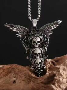 1pc Niche Vintage Gothic Skeleton Wing Pendant Necklace, Fashionable & Unique Halloween Accessory - Silver - View 3