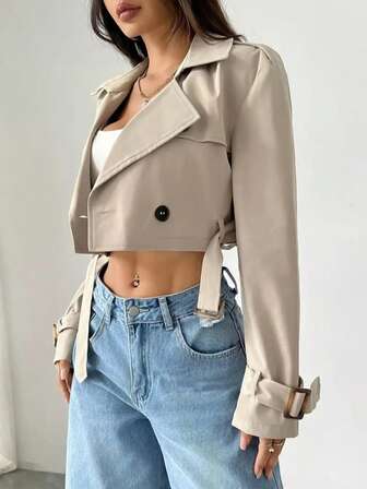 Women's Casual Everyday Belted Button-Up Short Sleeve Solid Color Khaki Trench Coat, Spring/Autumn/Winter