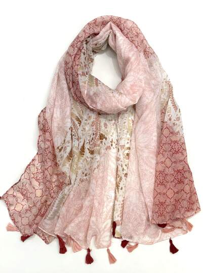 1pc Simple Printed Scarf, Lightweight & Breathable Tassel Shawl, Elegant & Fashionable Design For Women, Versatile Silk Scarf For Spring/Summer, Outdoor Sun Protection Beach Wrap, Headscarf For Dress