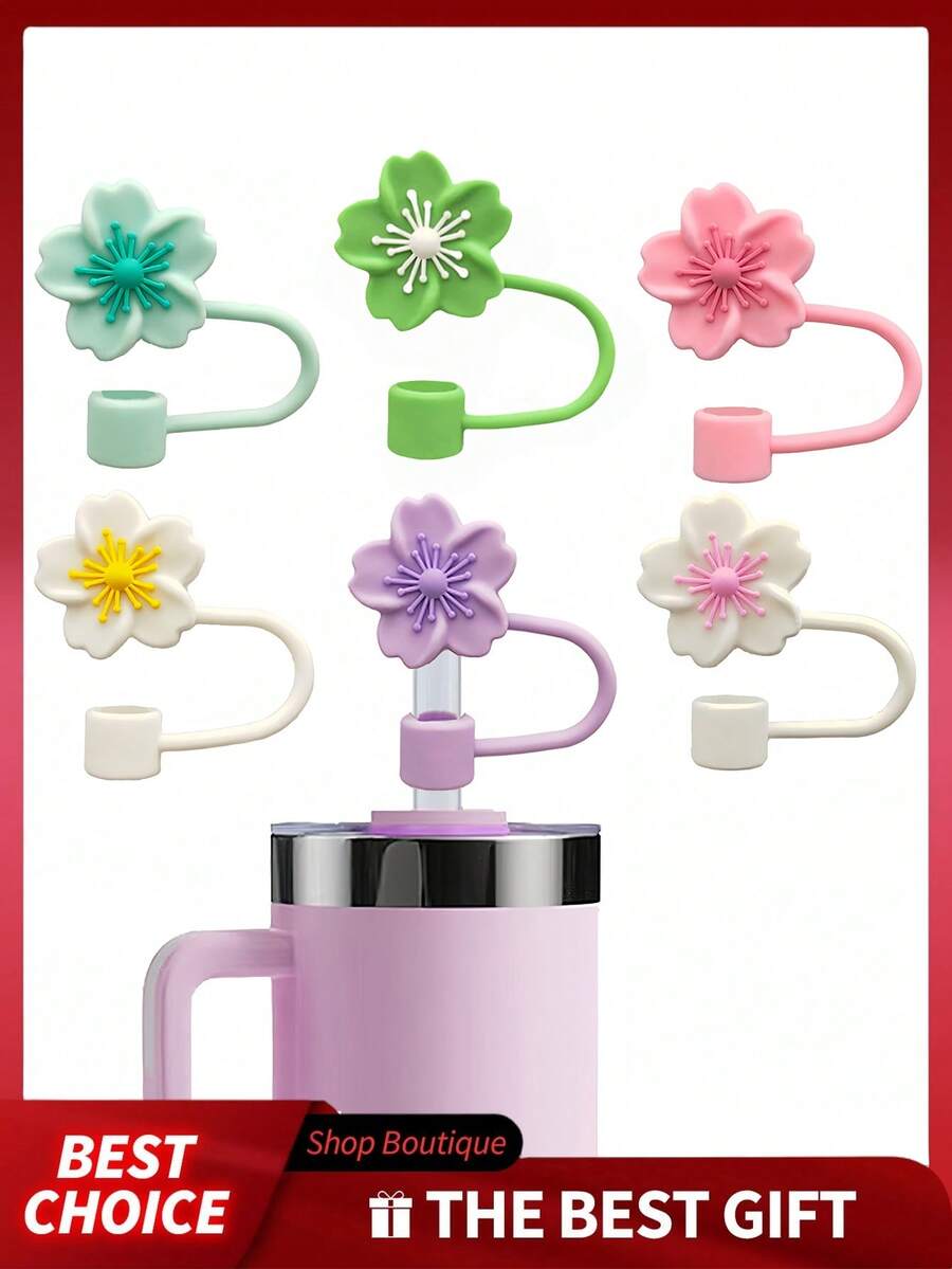 6pcs Straw Toppers, Straw Cover, Straw Covers Cap, Reusable Silicone Straw Toppers Compatible With Stanley Cup Spill Leak Stopper Splash Dust Proof Straws Cover , Straws - Begonia Flower Straw Lid - View 1