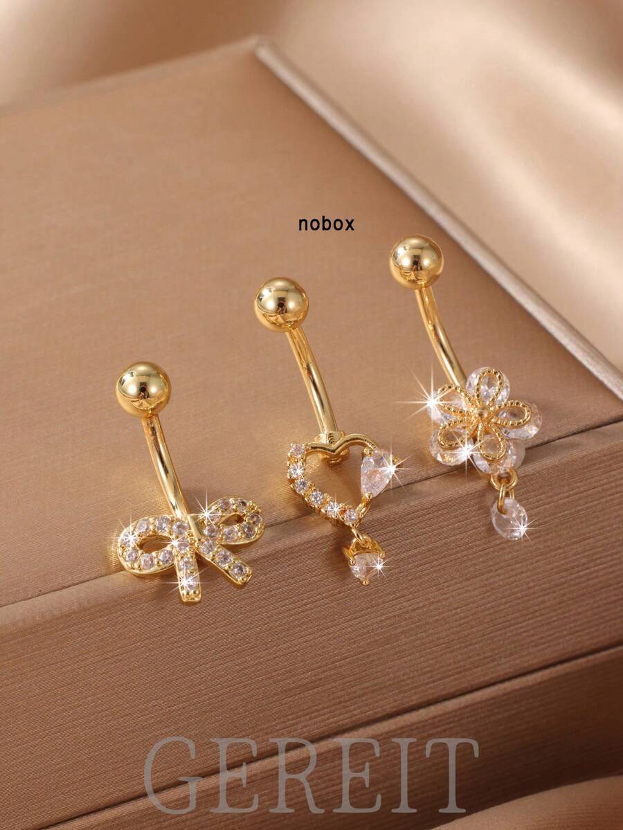 GEREIT 3pcs Sexy Stainless Steel Zirconia Heart, Flower, Bow Navel Piercing Rings Set For Women, Waterproof & Hypoallergenic - Gold - View 1