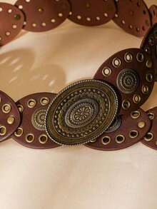 1pc BOHO Punk Style Vintage Mesh Oval Women's Belt, Suitable For Jeans/Dresses, Everyday Wear And Vacation, Plus Size - 棕色 - 查看 3