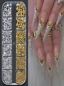 12 Grids Half Round Gold+Silver Pearls Nail Charms Metallic Flat-Back Beads Ball Mixed Size Nail Pearls DIY Nail Gems Nail Supplies - vàng và bạc - Xem 3