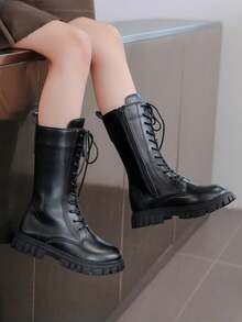 女童秋冬靴子，新款儿童高帮靴，英伦风中筒靴，厚底靴，公主皮靴，学生鞋，小女孩高筒靴 - 黑色 - 查看 7