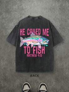 Retro Washed T-Shirt Double Sided Printed (230 Pure Cotton T-Shirt) 'HE CALLED ME TO FISH'  Letter And FISH Pattern Print, Mens TShirt, Mens Shirt Casual, Comfortable, Fashionable T-Shirt, Street Style Cotton - 黑色 - 查看 2