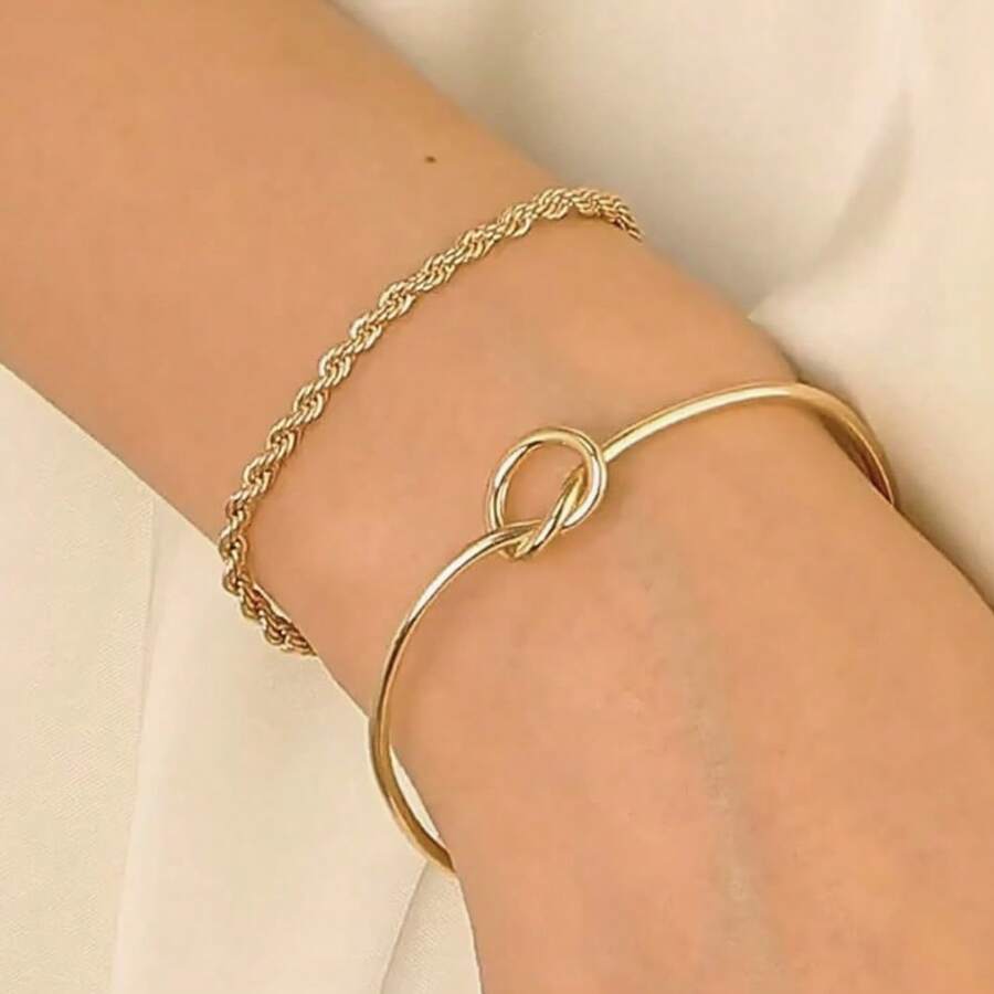 Kit 2 Luxury Bracelets For Women: Heart Knot Bracelet + Chain Bracelet - 金色 - 查看 1