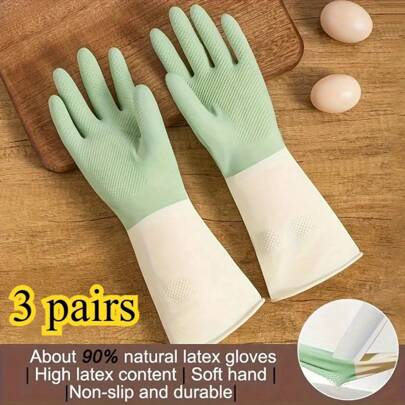 3 pares de guantes de látex gruesos y resistentes al agua - Mangos antideslizantes, aptos para lavar platos, limpiar y tareas domésticas. Fabricados con materiales libres de plomo. Perfectos para cocinas, baños y salas de estar. Guantes de limpieza | Guantes ergonómicos | Guantes de goma, Guantes de cocina