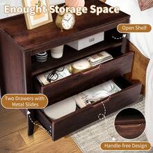 Drawer Cabinet, Side Table, Bedside Table, Storage Table, Brown P2 Density Board + Solid Wood Veneer Frame 75*40*61CM Two Drawers With Upper Compartment Bedside Table Mid-Century Modern - 棕色 - 查看 9