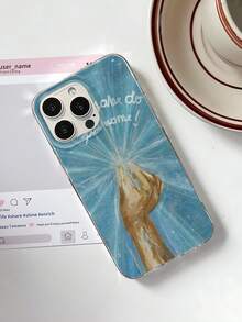 1pc Blue Radiating Light Oil Painting Hand Gesture Phone Case, Artistic English Handwritten Font Creative Illustration Full Coverage Protective Shell Compatible With IPhone17/17Pro/17ProMax/16/16Plus/16ProMax/16e/15ProMax/11/12/12Pro/12ProMax/13/13Pro/13ProMax/14/14Pro/14ProMax - Transparent Fireworks - View 4