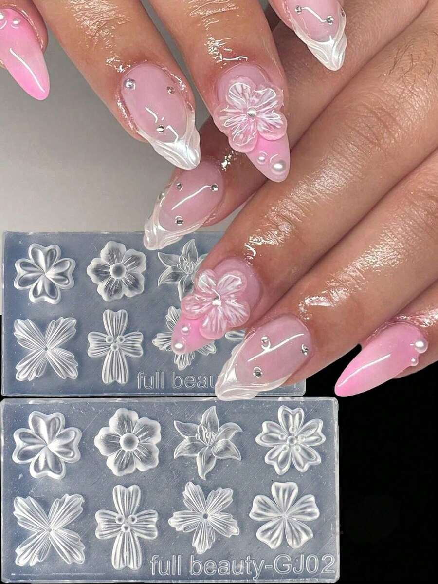 2pcs Spring Petal Silicone Nail Art Molds, Lily & Cherry Blossom Floral DIY Nail Design 3D Carving Reusable Nail Mold Templates - Clear - View 1