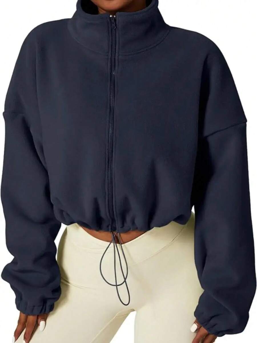 女式冬季长袖立领羊毛拉链短款夹克 - 藏蓝色 - 查看 1