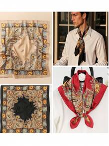 1pc New Satin Square Scarf For Men And Women 70*70cm Satin Floral Geometric Pattern, Elegant Retro Bohemian Style Headscarf, Fashionable And Versatile Neutral Square Scarf, Suitable For Daily And Casual Occasions, Can Also Be Used As A Holiday Gift