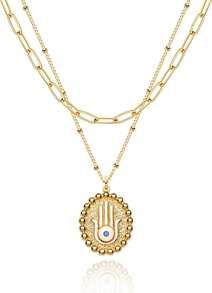 MEVECCO Layered Heart Necklace Pendant Handmade 18k Gold Plated Dainty Gold Choker Arrow Bar Layering Long Necklace For Women - 層橢圓形哈姆薩 - 查看 1