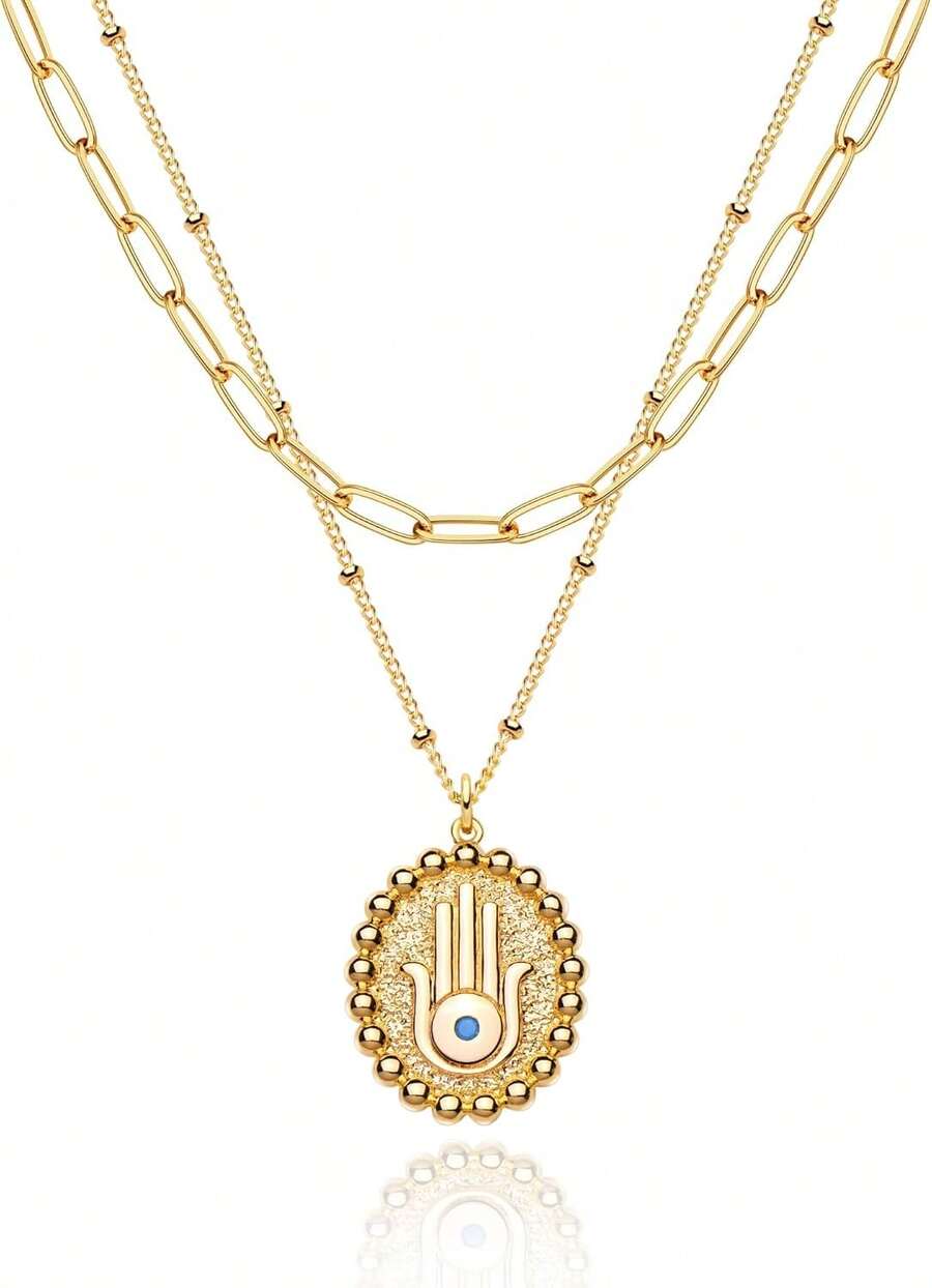 MEVECCO Layered Heart Necklace Pendant Handmade 18k Gold Plated Dainty Gold Choker Arrow Bar Layering Long Necklace For Women - 層橢圓形哈姆薩 - 查看 1