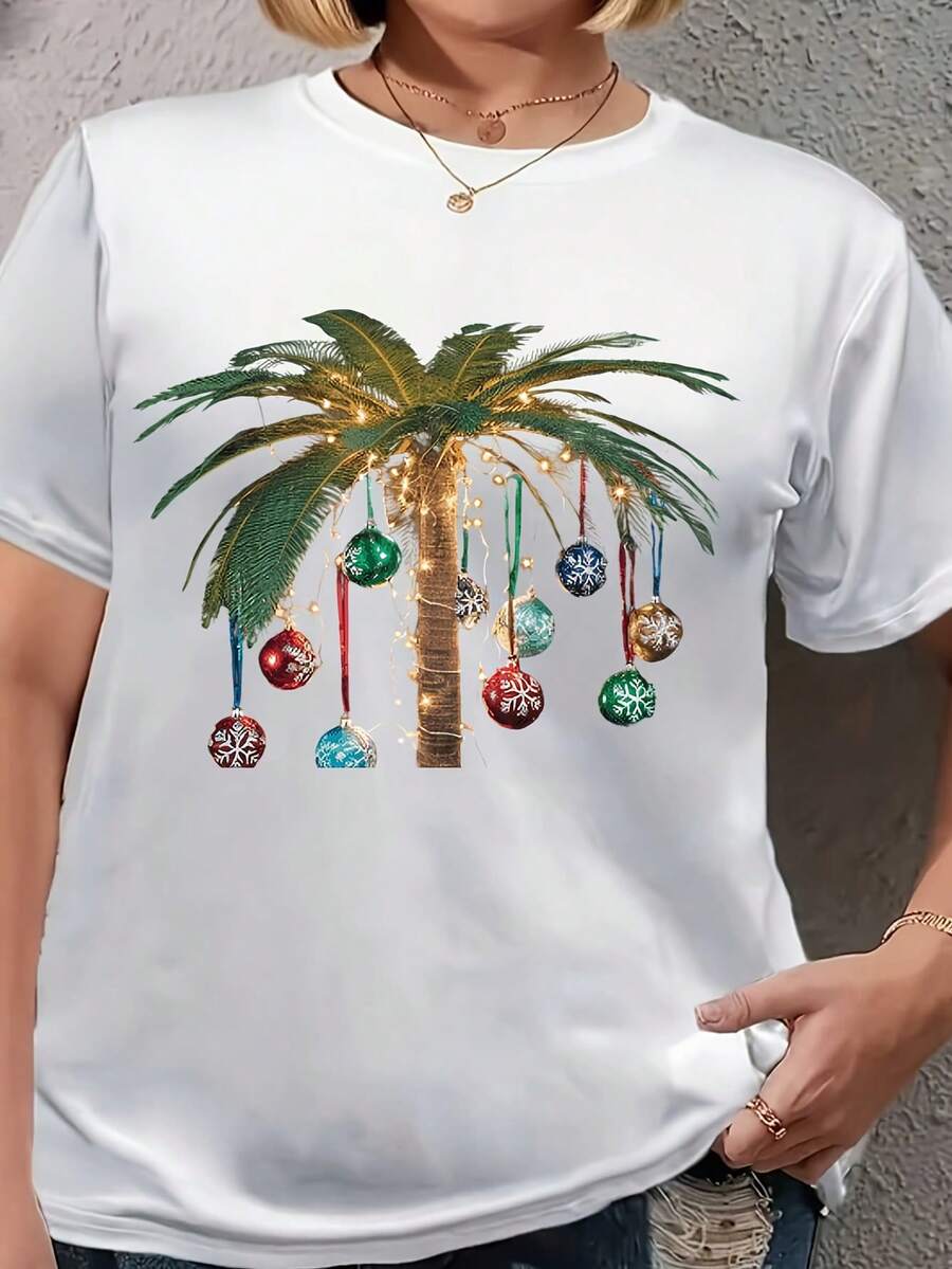 Women's Christmas Graphic Print Oversized T-Shirt - Christmas Print, 100% Cotton, Sizes 0XL-5XL. This Casual, Everyday, Crew Neck, Short-Sleeved T-Shirt Is Perfect For Casual Parties, Holiday Outfits, Christmas Outfits, Themed Events, Or Christmas-Themed T-Shirts. The Print Quality Is Long-Lasting And Durable. - 白色 - 查看 1