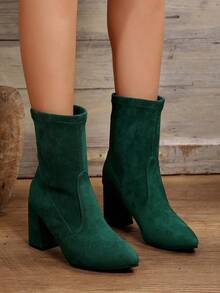 2025母亲节新款经典尖头粗跟踝靴，百搭时尚踝靴，弹力靴，中筒靴 - 綠色 - 查看 6