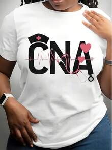 Plus Size Women's CNA Nurse Heartbeat Design T-Shirt - Casual & Sporty, Short Sleeve, Round Neck, Polyester, Machine Washable - White - View 1