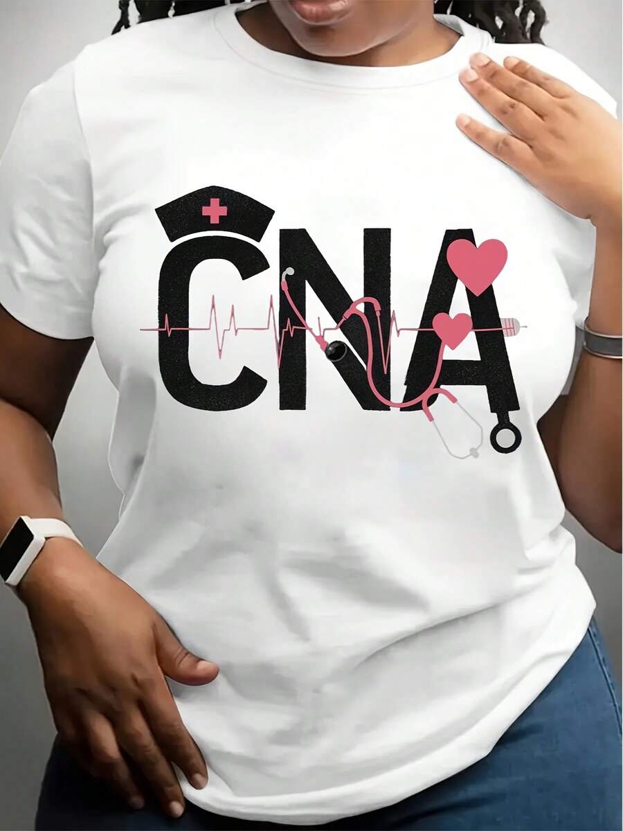 Plus Size Women's CNA Nurse Heartbeat Design T-Shirt - Casual & Sporty, Short Sleeve, Round Neck, Polyester, Machine Washable - White - View 1