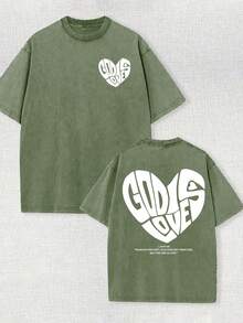 230g Double-Sided Washed, God's Love Printed T-Shirt, High-Quality Wax Printed Cotton Retro Fashion Brand T-Shirt, Beach Essential, Men's Summer T-Shirt, Holiday Gift, Perfect Gift - 軍綠色 - 查看 1