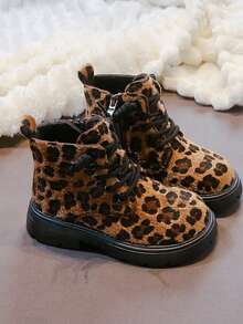 2026 New Leopard Print Faux Fur Ankle Boots For Kids, Unisex Non-Slip Rubber Sole, School Party Winter Casual Versatile Kids Shoes - Brown - View 3