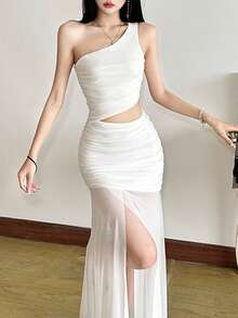 Top Dazzle 纯色修身时尚单肩不对称无袖连衣裙 - 白色 - 查看 7