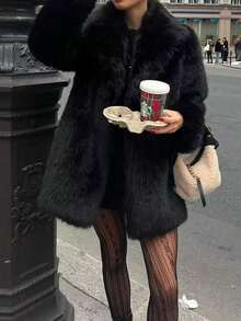 Áo khoác mùa đông ấm áp dáng rộng viền lông giả dành cho nữ cỡ lớn DEEKA, kiểu dáng Châu Âu/Mỹ, màu đen. - màu đen - Xem 5