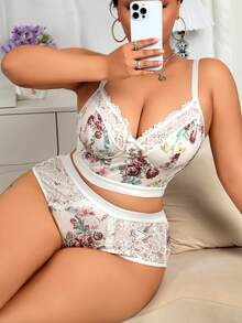 Conjunto de sujetador inalámbrico con estampado floral blanco para mujer, sujetador sexy y cómodo de talla grande - Multicolor - Ver 6