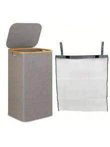 100L High-Capacity Laundry Basket With Lid, Portable With Handle, Detachable Inner Bag, Clothes Hamper With Bamboo Handles For Clothes In Dorm Bedroom Bathroom Storage Organization, Foldable Laundry Hamper, Recycling Bin, Classic Style, Multiple Components, Rectangle Shape, Suitable For Various Room Types, Laundry Baskets