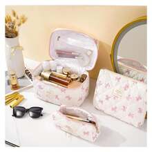 Makeup Bag For Women 3PCS, Quilted Cotton Cosmetic Bag Set, Large Travel Makeup Organizer With Bow, Floral Toiletry Pouch For Gifts - 如圖962 - 查看 4