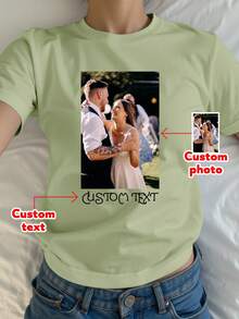 女士定制照片T恤，休闲个性，送给女友/妻子的礼物，情人节夏季礼物 - 軍綠色 - 查看 1