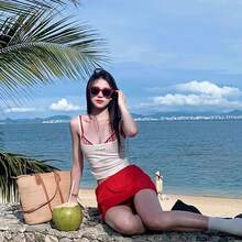 おしゃれでホットな白キャミソールレディース夏インナーレースチェック柄ブラジャー3点セット純粋な欲望ショートトップ - レッド - チェックする 5