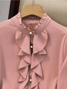 Elegant Pink Puff Sleeve Blouse With Stand Collar And Ruffle Front For Women - Pink - View 3