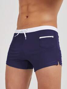 New Arrival Men's Front Pocket Zipper Swimming Trunks, Fashionable Swim Shorts For Beach & Spa Summer - Navy Blue - View 2